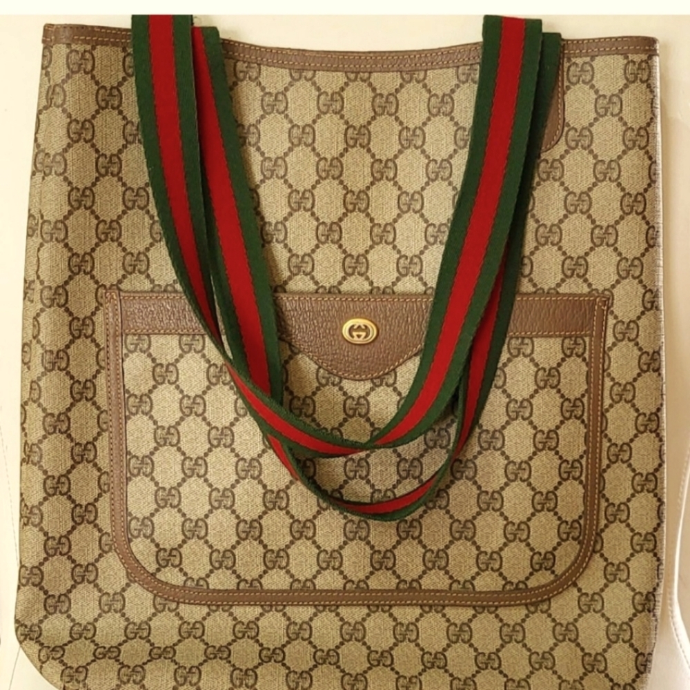 Gucci Beige and Brown Tote Bag with Red and Green Straps